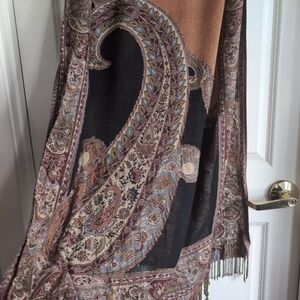 Burgundy, orange, gold and black paisley pashmina wrap scarf with tassel fringe